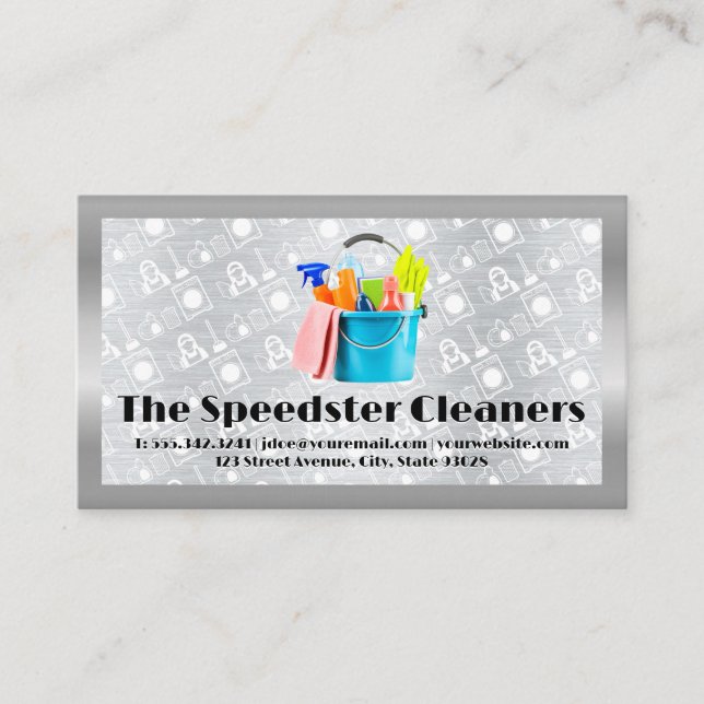 Cleaning Supplies in Bucket | Maid Service Pattern Business Card (Front)