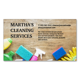 Cleaning Supplies on Table Business Card Magnet