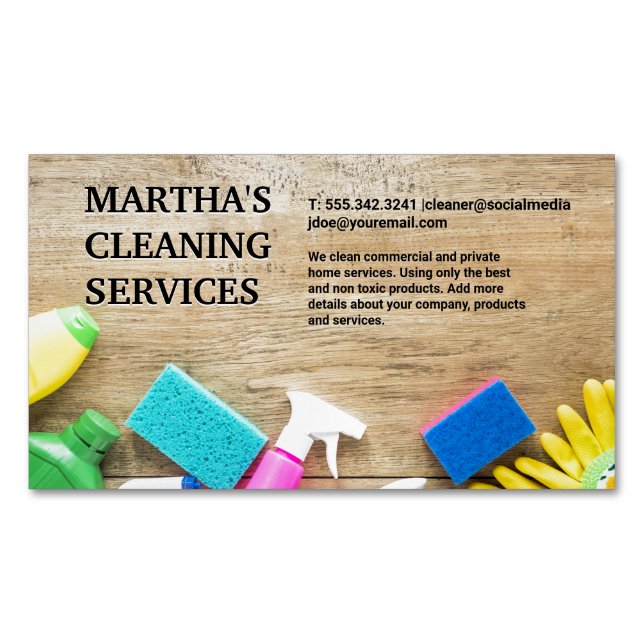 Cleaning Supplies on Table Business Card Magnet (Front)