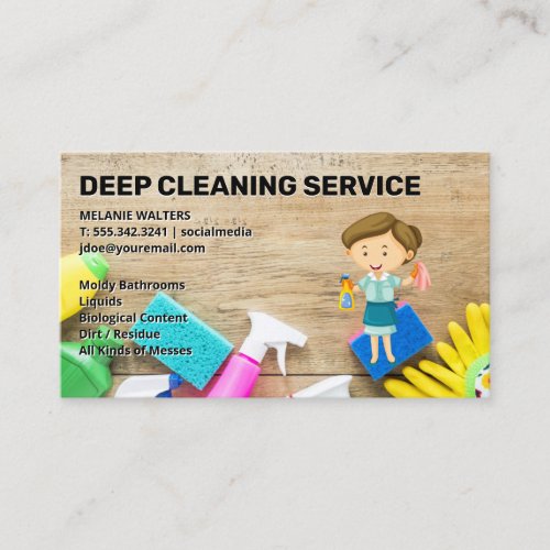 Cleaning Supplies on Table  Maid Lady  Business Card