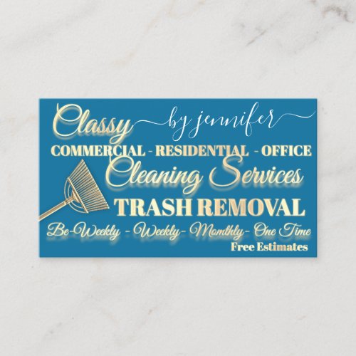 Cleaning Trash Removal Maid Blue Gold Logo QR   Business Card