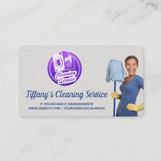 Cleaning Worker | Maid Cleaning Holding Mop Business Card (Front)
