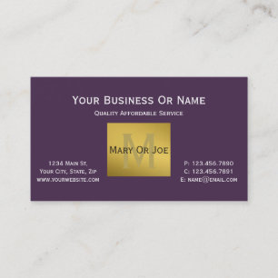 Clear Acai Purple Violet White Text Gold Monogram Business Card