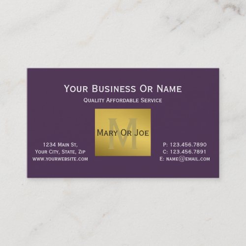 Clear Acai Purple Violet White Text Gold Monogram Business Card