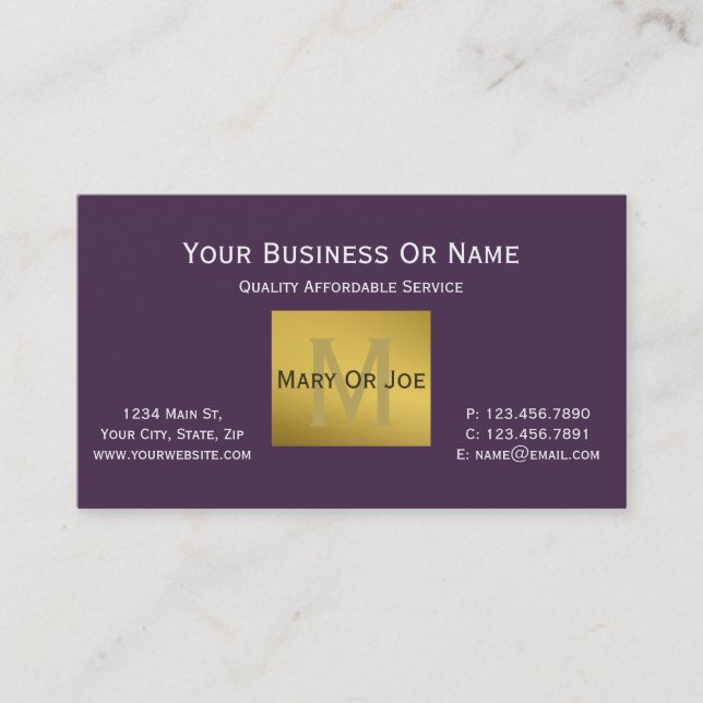 Clear Acai Purple Violet White Text Gold Monogram Business Card (Front)
