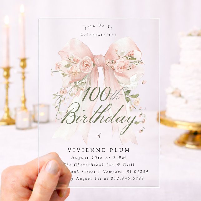 Clear Acrylic 100th Birthday Pink Bow Rose Floral Invitations (Creator Uploaded)