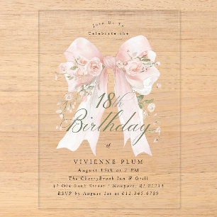 CLEAR ACRYLIC 18th Birthday Pink Bow Rose Floral Invitations