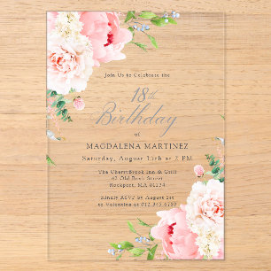 CLEAR ACRYLIC 18th Birthday Pink Peony Floral Invitations