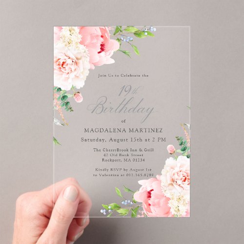 CLEAR ACRYLIC 19th Birthday Pink Peony Floral Invitations