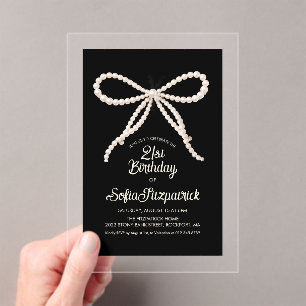 CLEAR ACRYLIC 21st Birthday Black White Pearl Bow Invitations