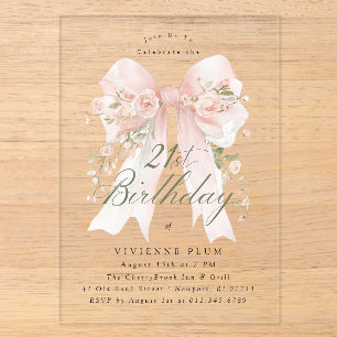 CLEAR ACRYLIC 21st Birthday Pink Bow Rose Floral I Invitations