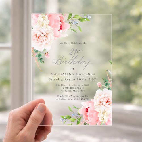 CLEAR ACRYLIC 21st Birthday Pink Peony Floral Invitations
