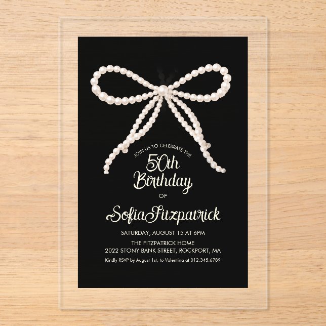 CLEAR ACRYLIC 50th Birthday Black White Pearl Bow Invitations (Front)