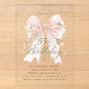 CLEAR ACRYLIC 55th Birthday Pink Bow Rose Floral I Invitations