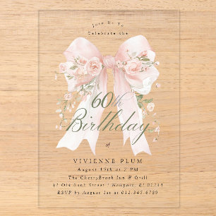 CLEAR ACRYLIC 60th Birthday Pink Bow Rose Floral I Invitations