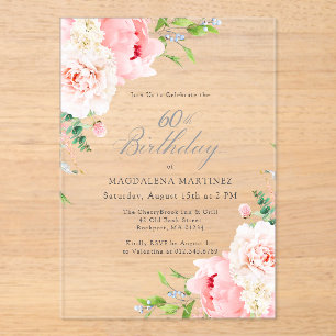 CLEAR ACRYLIC 60th Birthday Pink Peony Floral Invitations