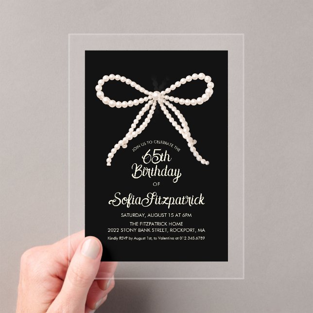 CLEAR ACRYLIC 65th Birthday Black White Pearl Bow Invitations (Insitu (Handheld))