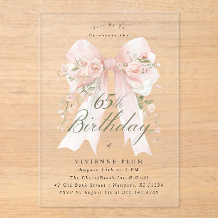 CLEAR ACRYLIC 65th Birthday Pink Bow Rose Floral I Invitations