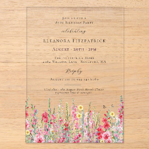 CLEAR ACRYLIC 85th Birthday August Birth Flower Invitations