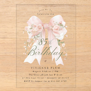 CLEAR ACRYLIC 85th Birthday Pink Bow Rose Floral Invitations