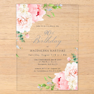 CLEAR ACRYLIC 90th Birthday Pink Peony Floral Invitations