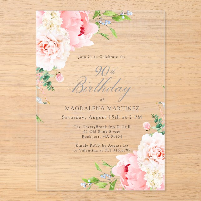 CLEAR ACRYLIC 90th Birthday Pink Peony Floral Invitations (Front)