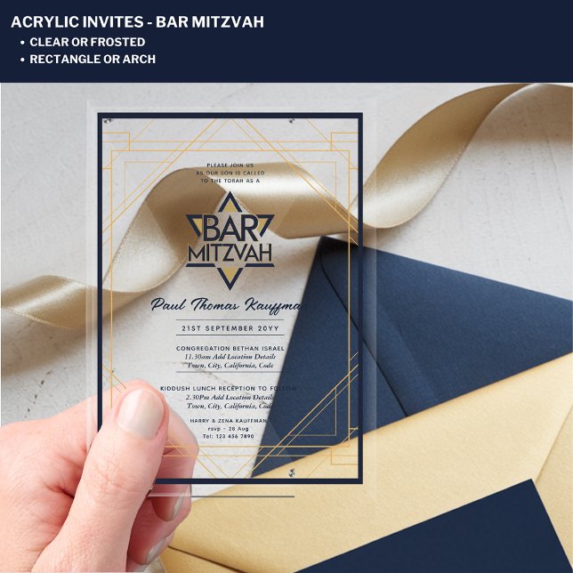 Clear Acrylic BAR MITZVAH Navy Gold Modern Elegant Acrylic Invitations (Creator Uploaded)