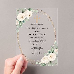 CLEAR ACRYLIC First Communion White Rose Floral Invitations