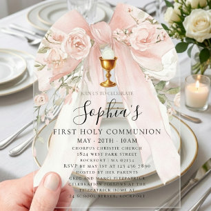 CLEAR ACRYLIC Girl First Holy Communion Pink Bow Invitations