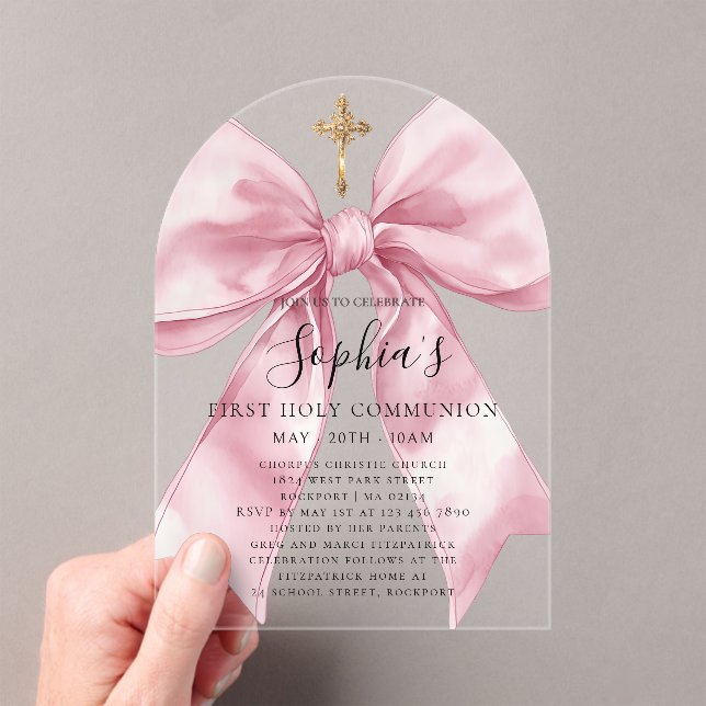 Clear Acrylic Girl's First Communion Pink Bow Arch Acrylic Invitations (Insitu (Handheld))