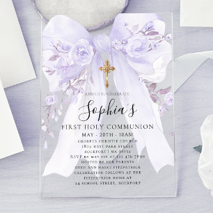 Clear Acrylic Purple Bow Rose First Communion Invitations