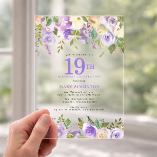 CLEAR ACRYLIC Purple Floral 19th Birthday Party Invitations