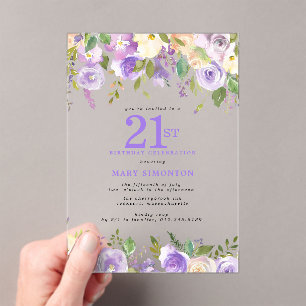 CLEAR ACRYLIC Purple Floral 21st Birthday Party Acrylic Invitations