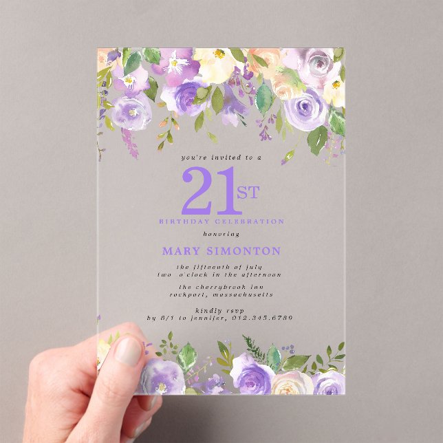 CLEAR ACRYLIC Purple Floral 21st Birthday Party Acrylic Invitations (Insitu (Handheld))