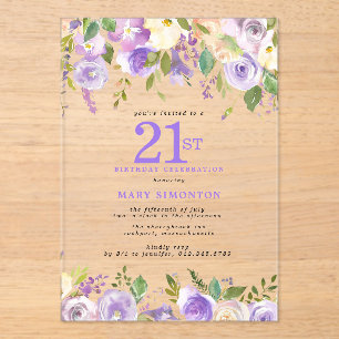 CLEAR ACRYLIC Purple Floral 21st Birthday Party Invitations