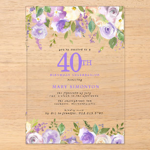 CLEAR ACRYLIC Purple Floral 40th Birthday Party Invitations