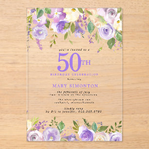 CLEAR ACRYLIC Purple Floral 50th Birthday Party Invitations
