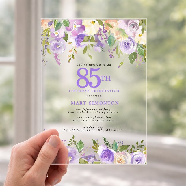CLEAR ACRYLIC Purple Floral 85th Birthday Party Invitations (Creator Uploaded)