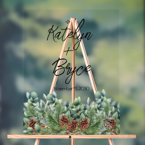 Clear Acrylic Sign  Eucalyptus Pine  Pinecones