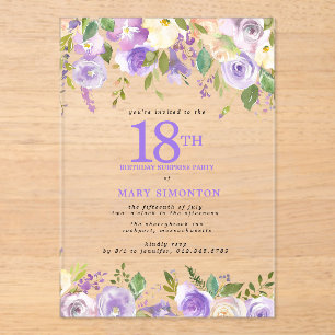 CLEAR ACRYLIC SURPRISE 18th Birthday Purple Floral Invitations