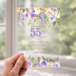 CLEAR ACRYLIC SURPRISE 55th Birthday Purple Floral Invitations