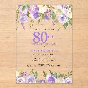 CLEAR ACRYLIC SURPRISE 80th Birthday Purple Floral Invitations