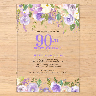 CLEAR ACRYLIC SURPRISE 90th Birthday Purple Floral Invitations