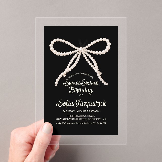 CLEAR ACRYLIC Sweet 16 Black White Pearl Bow Invitations (Insitu (Handheld))
