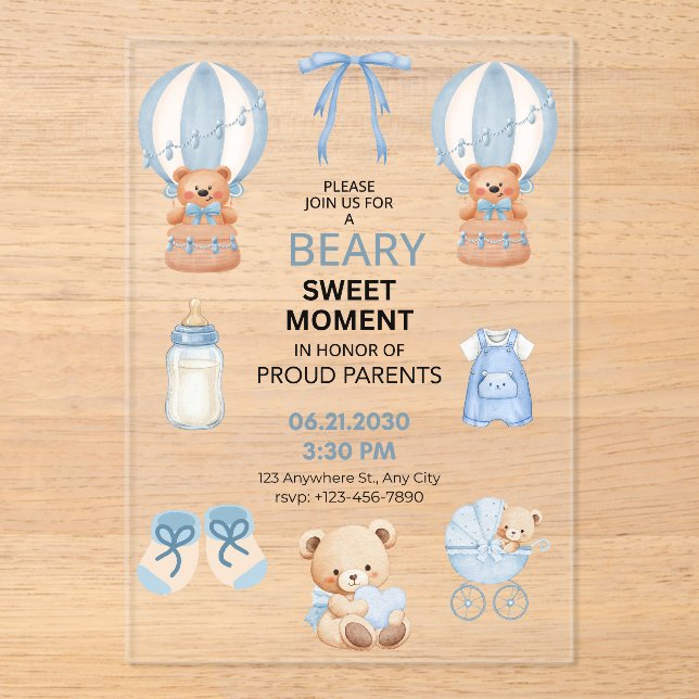 CLEAR BLUE 5X7 ACRYLIC BEAR BOY BABY SHOWER INVITATIONS (Front)