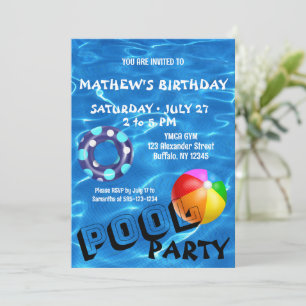 Clear Blue Pool Water Birthday Party Invitation
