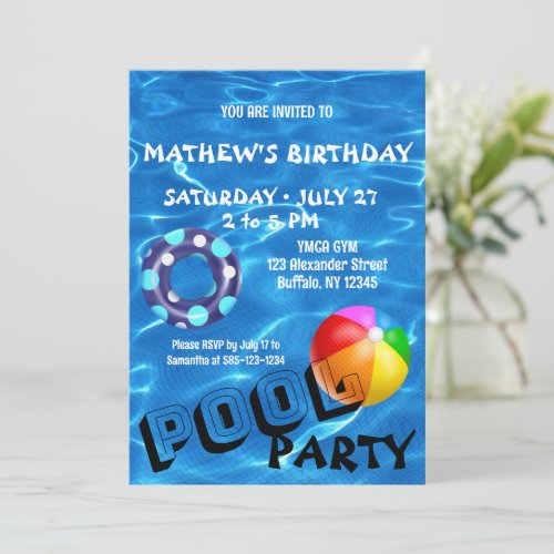 Clear Blue Pool Water Birthday Party Invitation