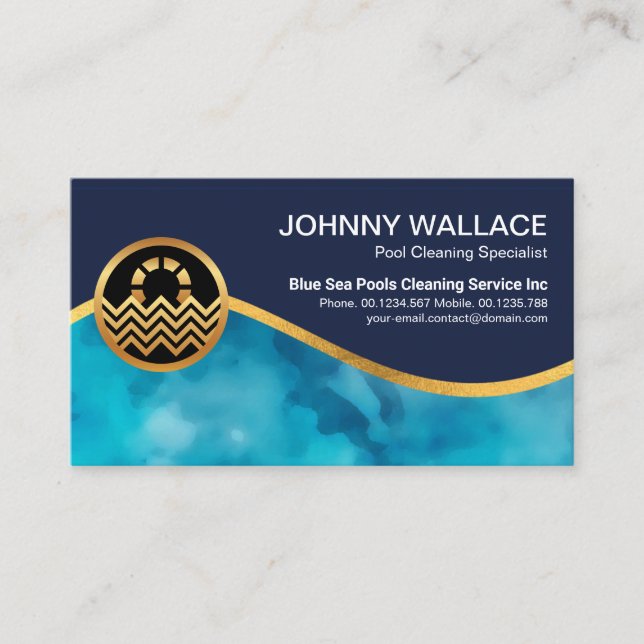 Clear Blue Pool Water Gold Wave Swimming Pool  Business Card (Front)