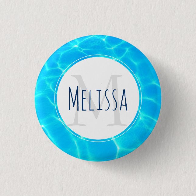 Clear Blue Pool Water Photo Monogram Button (Front)