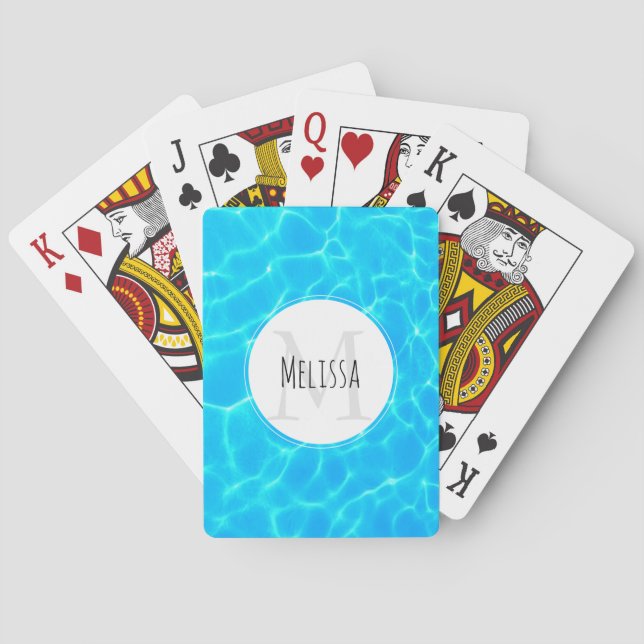 Clear Blue Pool Water Photo Monogram Poker Cards (Back)